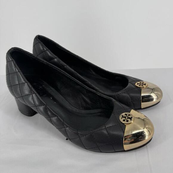 Tory Burch shoes womens 5 black quilted leather pumps gold cap toe designer - Picture 2 of 8